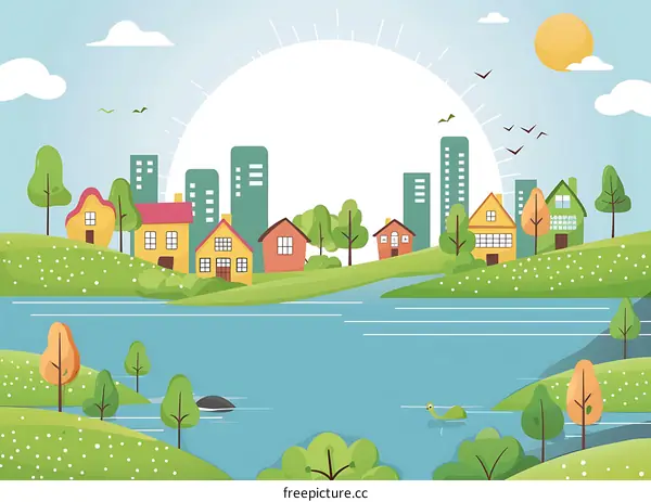 Beautiful Cityscape Illustration With River and Lush Green Trees