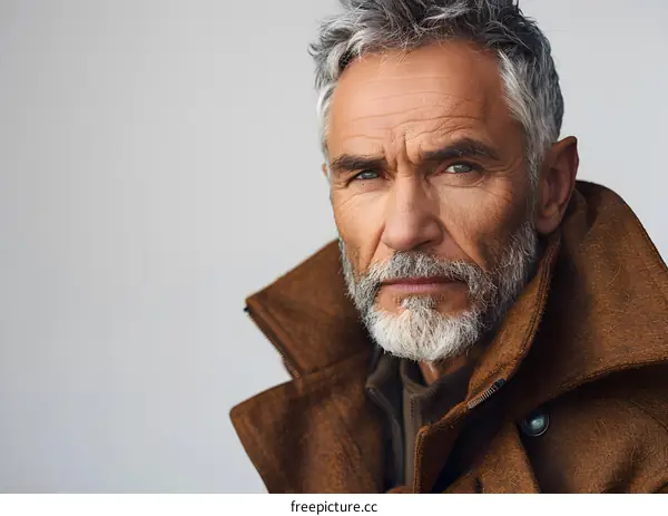 Portrait of a Senior Man With Gray Hair and Beard in a Brown Coat