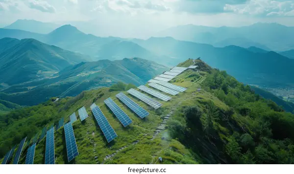A solar farm is built on a hillside in the mountains.