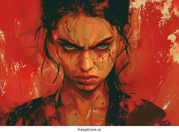 Woman with Bloody Face and Angry Expression