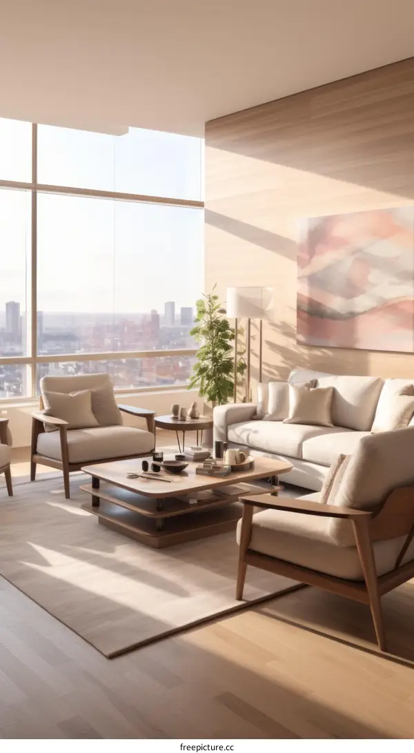 Modern living room interior design with large windows and city view