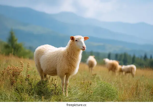 Fluffy Sheep in a Mountain Meadow