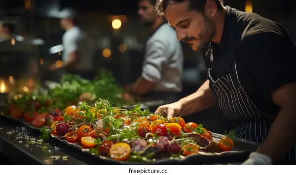 Chef carefully preparing a delicious meal in a restaurant kitchen