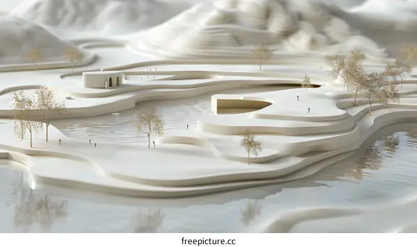 Minimalist Architectural Model with White Landscape and Tiny Figures