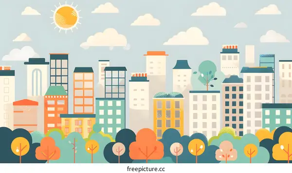 Cityscape Illustration with Buildings and Trees