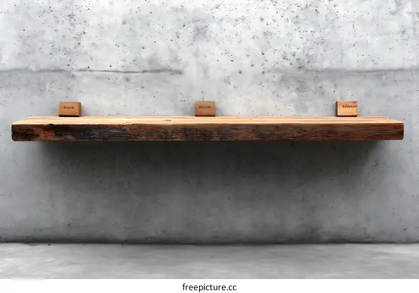 Rustic Wooden Shelf Against a Concrete Wall