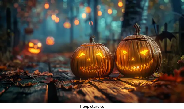 Spooky Jack-o'-Lanterns on a Forest Dock