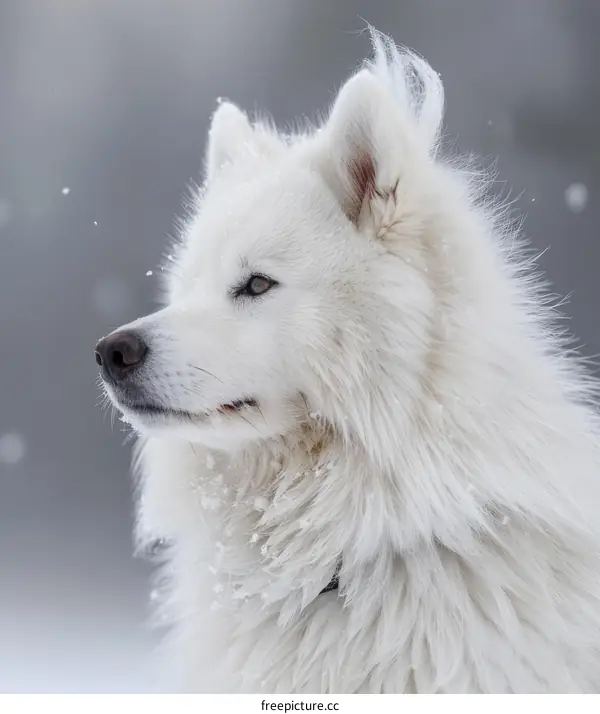 Samoyed Dog Gazing into the Distance with Snow Falling