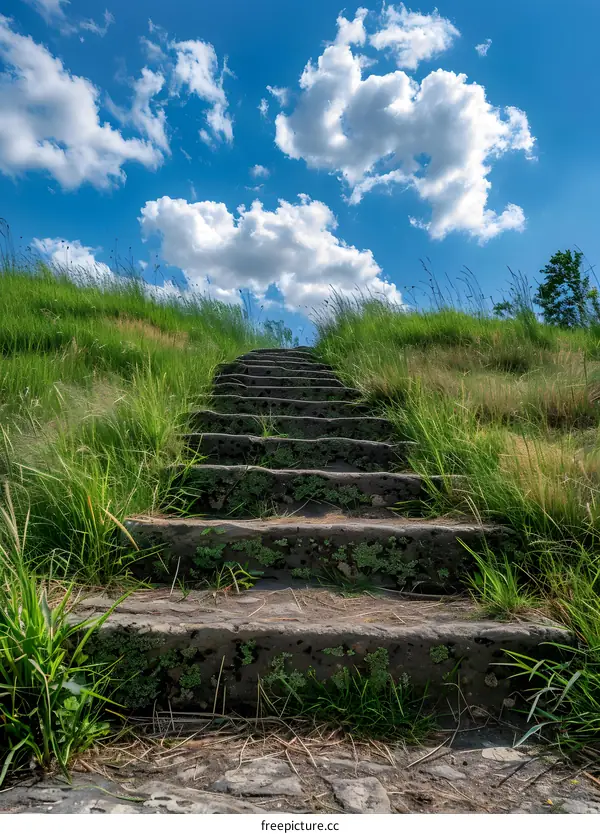Stone Steps Leading Up to Blue Sky with Clouds