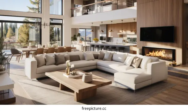 Modern house interior living room with large windows and open floor plan