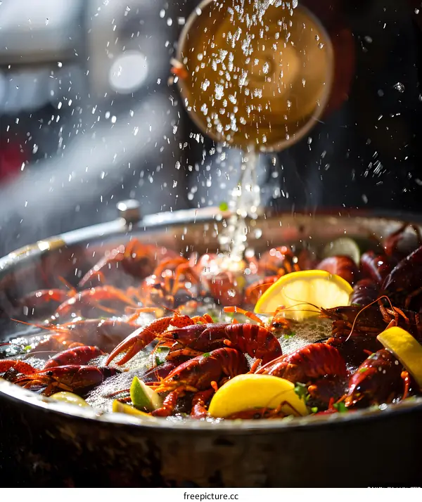 A pot of boiled crawfish with lemon wedges
