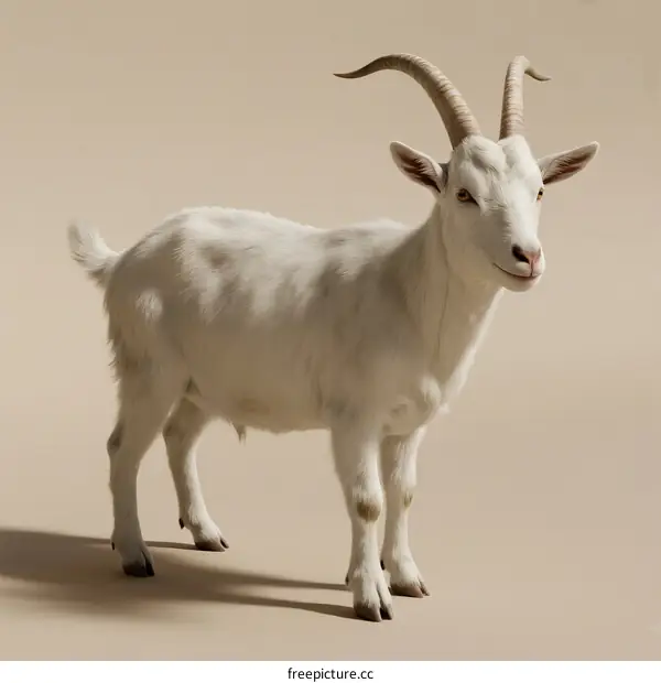 A young white goat with curved horns standing on light background