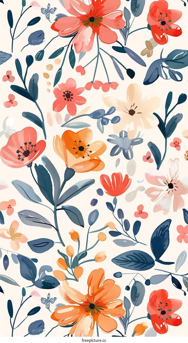 Watercolor Floral Pattern with Orange and Red Flowers