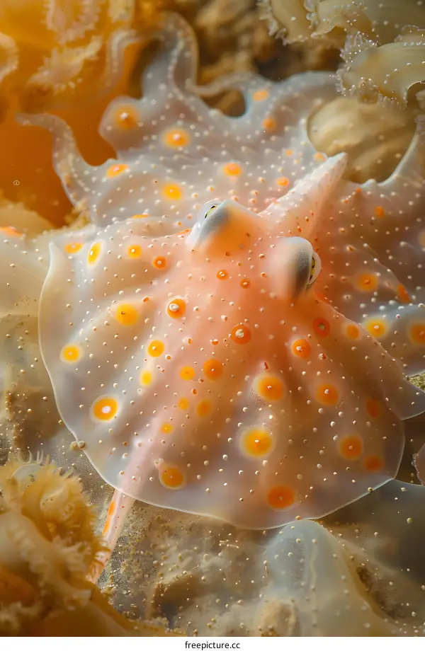 Close-up of a translucent jellyfish with orange spots