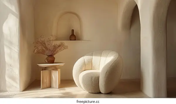 Minimalist Living Room with Cream Fuzzy Chair