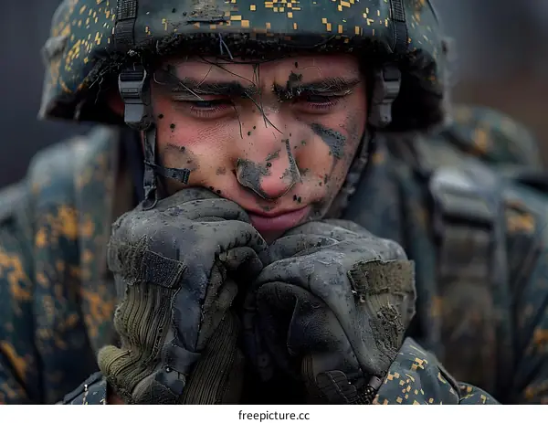 A soldier wearing a helmet and gloves looks down with a sad expression on his face
