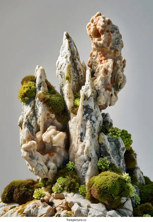 Close Up of Moss and Succulents Growing on a Rock Formation