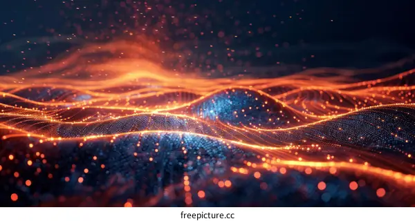 Blue and orange glowing particles form into a futuristic landscape