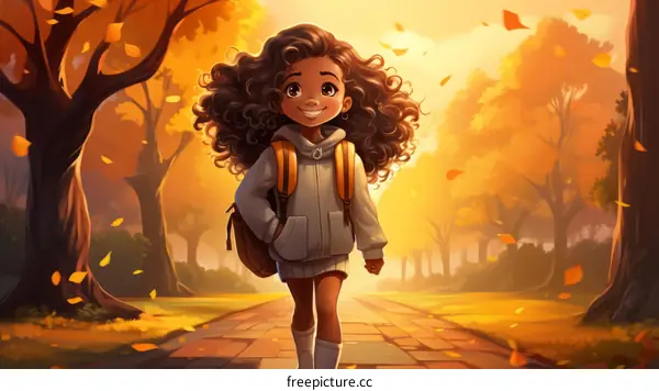 A young girl with curly hair is walking down a path in the fall