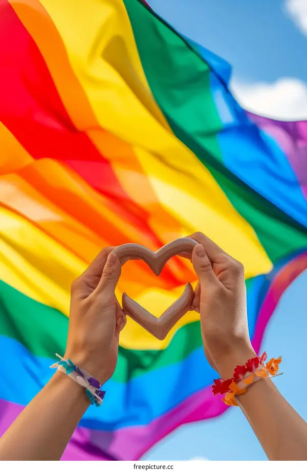a person holding a heart shaped wooden cutout in front of a rainbow flag