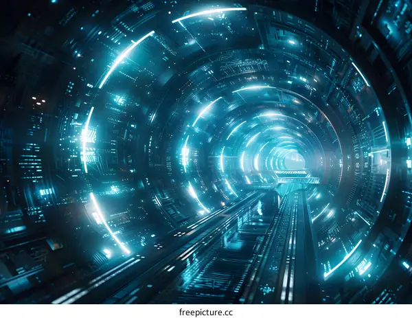 Blue neon lights in futuristic tunnel
