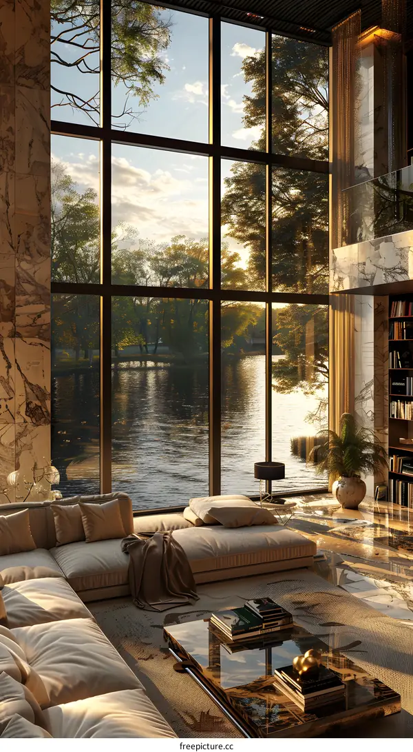 Modern living room interior design with large windows overlooking lake and forest