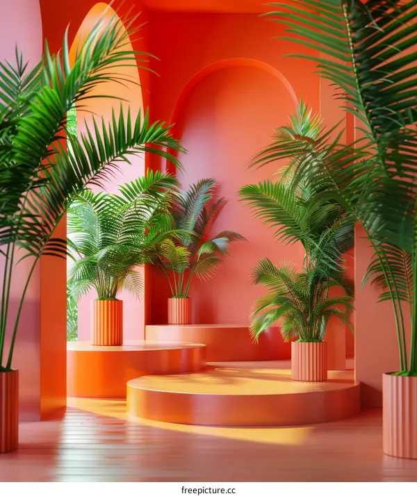 Modern Coral Interior Design with Tropical Plants