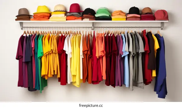 A wide variety of clothes on a rack and shelf.