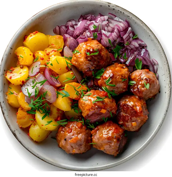 meatballs with potatoes and pickled red onions