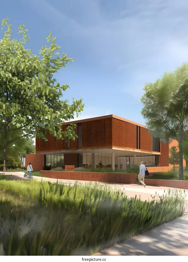 Modern Brick Building with Green Grass and People