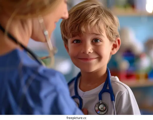 Pediatrician examining a smiling little boy with a stethoscope