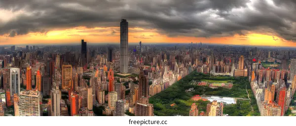 Aerial View of Cityscape with Tall Buildings and Park Under Cloudy Sky