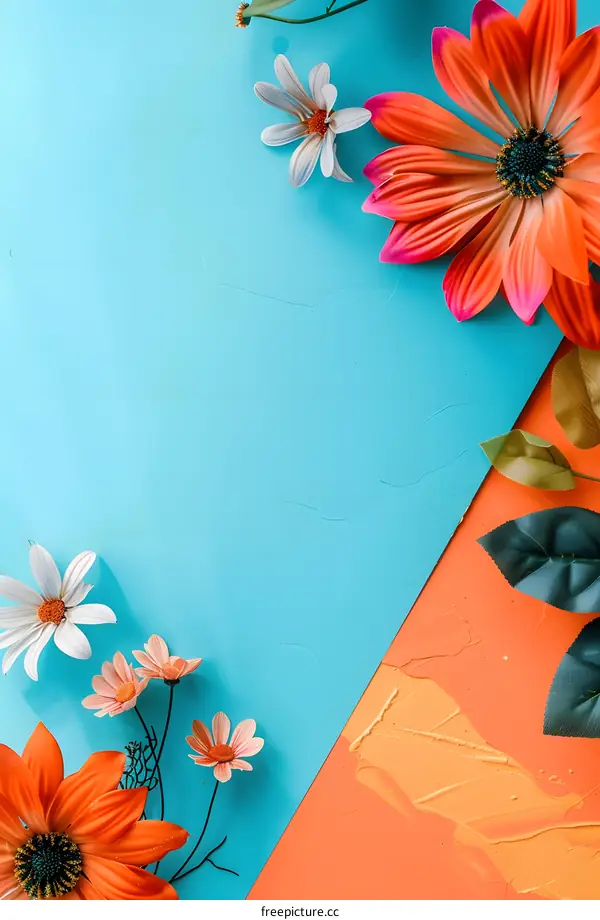 Blue and Orange Background with Flowers