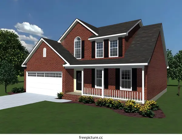 Two Story Brick House with Garage and Porch