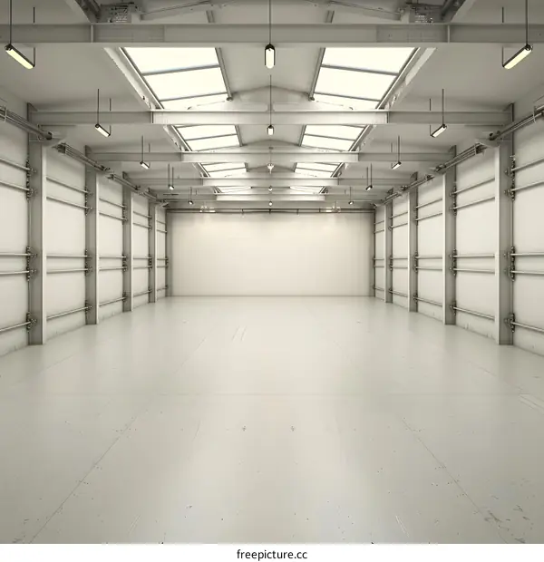 Empty Warehouse Interior with White Walls and Metal Beams