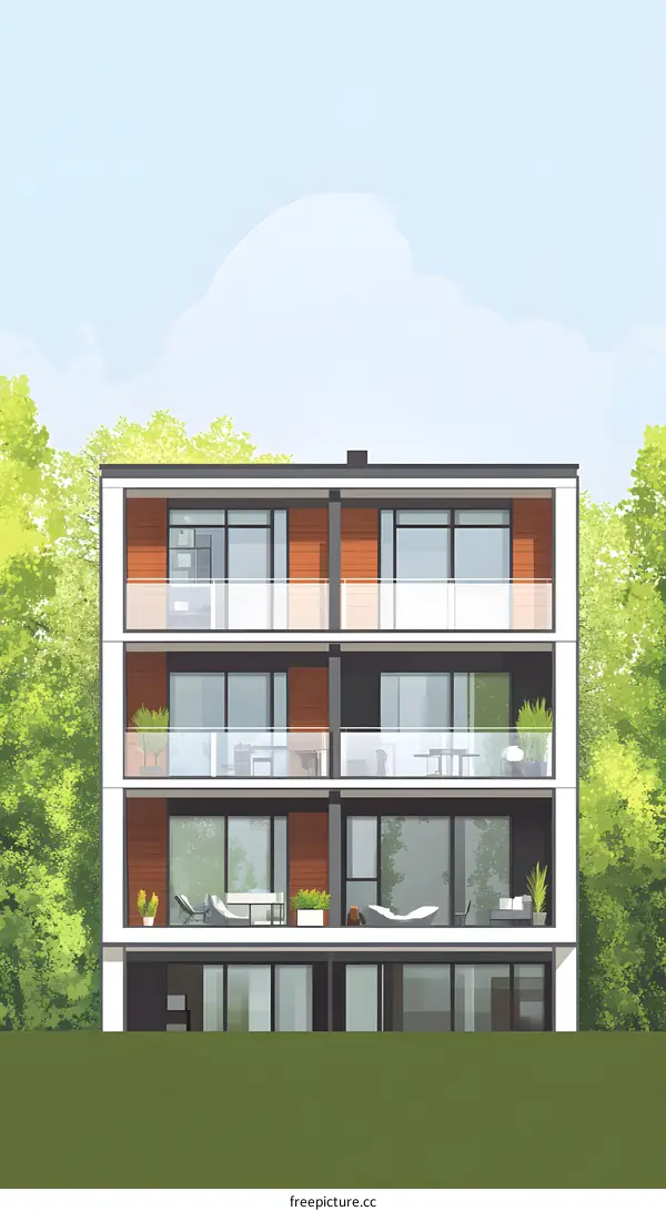 Modern House Illustration with Balcony and Green Trees