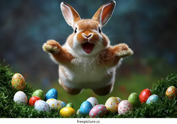 Adorable Easter Bunny Leaping Among Colorful Eggs