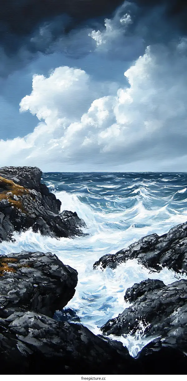 Ocean Waves Crashing Against Rocky Coastline Under a Cloudy Sky
