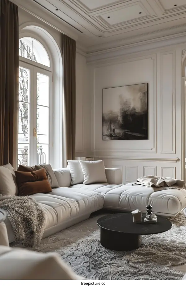 Modern Living Room with White Sofa and Arched Window