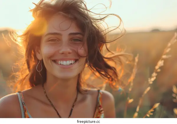 Woman Smiling In Field During Sunset