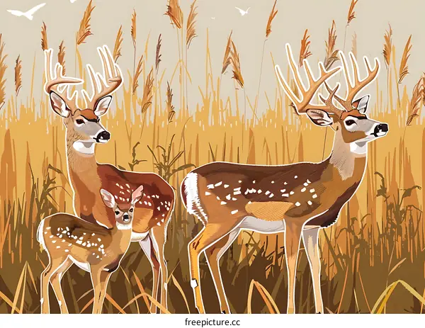 Family of Deer in Tall Grass