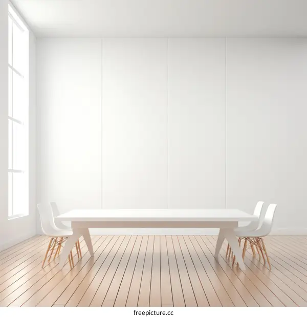 An empty modern contemporary conference room with a long white table and chairs