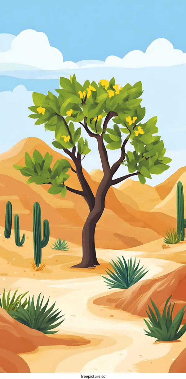 Desert Landscape with Tree and Cactus Illustration