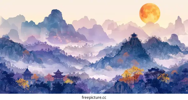 Misty Mountain Landscape with Traditional Chinese Pavilions