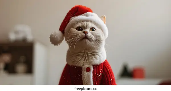 A cute cat wearing a Santa hat and a red sweater