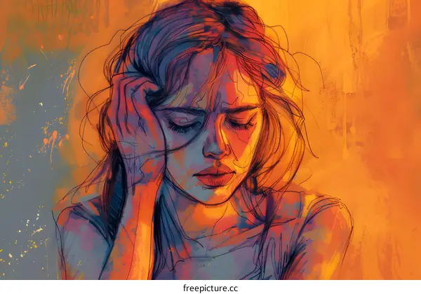 Portrait of a young sad woman with colorful background