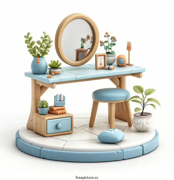 A cute dressing table with a mirror, plants, books, and a stool