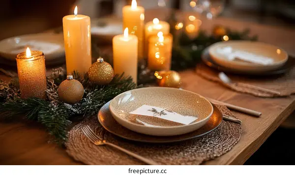 Warm Christmas Table Setting with Candles and Decorations