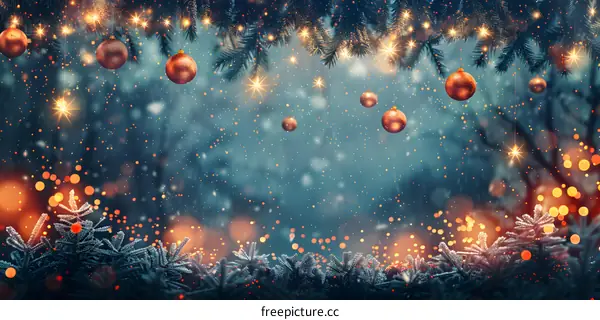 Christmas tree with Christmas decorations shining in the snow