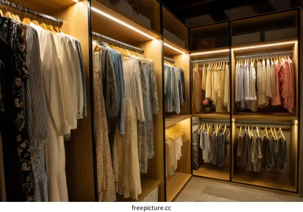 Organized Walk-in Closet with Clothes Display